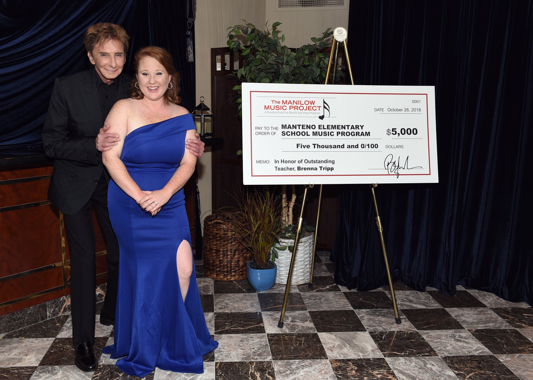 Brenna Tripp of Manteno Elementary School receives $5000 from Barry Manilow and the Manilow Music Project for Manteno’s music program